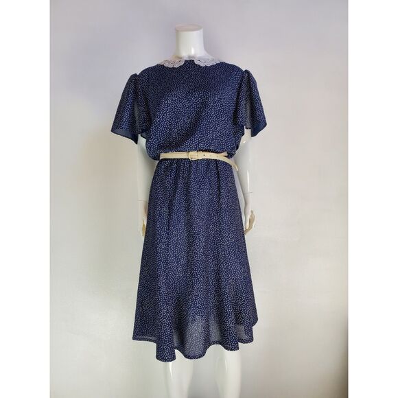 Vintage 80s Jenny Navy Polkadot Day Dress - Picture 2 of 10